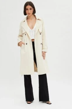 Beige Trench Coat Long Sleeves Cotton -Women Clothing Shop oj8010 66m beige 3