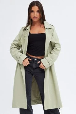 Green Trench Coat Long Sleeves Cotton -Women Clothing Shop oj8010 66mb khaki 3