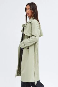 Green Trench Coat Long Sleeves Cotton -Women Clothing Shop oj8010 66mb khaki 4
