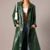 Green Trench Coat Long Sleeves Faux Leather