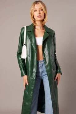 Green Trench Coat Long Sleeves Faux Leather -Women Clothing Shop oj8013 66mb forest 3