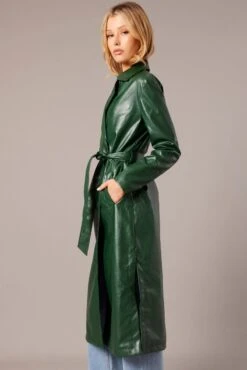 Green Trench Coat Long Sleeves Faux Leather -Women Clothing Shop oj8013 66mb forest 4