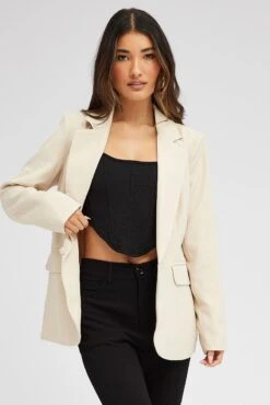 Beige Jacket Long Sleeve Collar Neck -Women Clothing Shop oj9130a 33wb stone 3