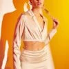 Beige Crop Blazer Wrap Diamante Jewel Tie Satin