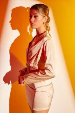 Beige Crop Blazer Wrap Diamante Jewel Tie Satin -Women Clothing Shop oj9302x 38mb champagne 4