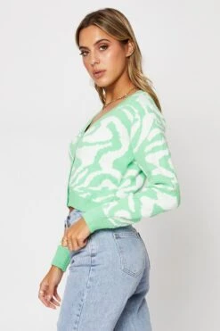 Abstract Print Knit Cardigan Long Sleeve Crop V-Neck -Women Clothing Shop oversize cardigan abstract print knit cardigan long sleeve crop v neck 33006993375425