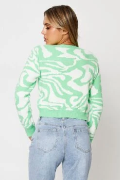 Abstract Print Knit Cardigan Long Sleeve Crop V-Neck -Women Clothing Shop oversize cardigan abstract print knit cardigan long sleeve crop v neck 33006993408193