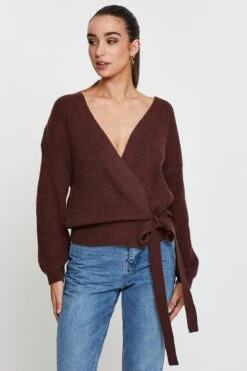 Brown Knit Cardigan Long Sleeve Wrap -Women Clothing Shop oversize cardigan brown knit cardigan long sleeve wrap 32965136154817