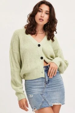 Green Knit Cardigan Long Sleeve Relaxed V-Neck -Women Clothing Shop oversize cardigan green knit cardigan long sleeve relaxed v neck 32965141594305