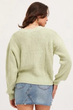 Green Knit Cardigan Long Sleeve Relaxed V-Neck -Women Clothing Shop oversize cardigan green knit cardigan long sleeve relaxed v neck 32965141659841