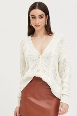White Knit Cardigan Long Sleeve Relaxed Cable