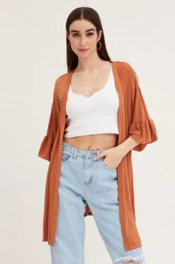 Beige Ruffle Sleeve Longline Cardigan