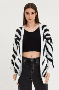 Print Knit Cardigan Long Sleeve Longline