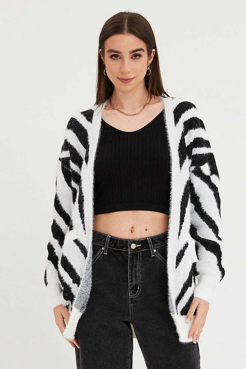 Print Knit Cardigan Long Sleeve Longline