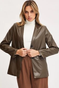 Brown Faux Leather Jacket Long Sleeve Oversized -Women Clothing Shop pu jacket brown faux leather jacket long sleeve oversized 32966600949953
