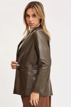 Brown Faux Leather Jacket Long Sleeve Oversized -Women Clothing Shop pu jacket brown faux leather jacket long sleeve oversized 32966600982721