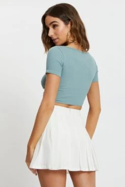 Blue Basic Seamless Square Neck Top -Women Clothing Shop t shirt blue basic seamless square neck top 32967162331329