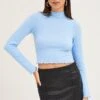 Blue Top Long Sleeve High Neck -Women Clothing Shop t shirt blue top long sleeve high neck 32964856381633