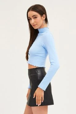Blue Top Long Sleeve High Neck -Women Clothing Shop t shirt blue top long sleeve high neck 32964856479937