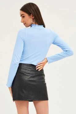 Blue Top Long Sleeve High Neck -Women Clothing Shop t shirt blue top long sleeve high neck 32964856512705