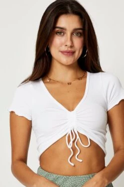 White Seamless Short Sleeve Ruched Top 9 White Seamless Short Sleeve Ruched Top -Women Clothing Shop t shirt white seamless short sleeve ruched top 32964858413249