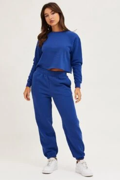 Blue Track Pants High Rise -Women Clothing Shop track long blue track pants high rise 32964954915009
