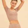 Beige Seamless T-Shirt Crop Short Sleeve Square Neck