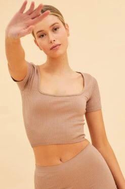 Beige Seamless T-Shirt Crop Short Sleeve Square Neck -Women Clothing Shop tshirt camel seamless t shirt crop short sleeve square neck 32965103517889