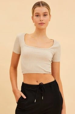 Brown Bone Seamless T-Shirt Crop Short Sleeve Square Neck -Women Clothing Shop tshirt rust bone seamless t shirt crop short sleeve square neck 32965103911105