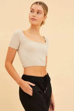 Brown Bone Seamless T-Shirt Crop Short Sleeve Square Neck -Women Clothing Shop tshirt rust bone seamless t shirt crop short sleeve square neck 32965103943873