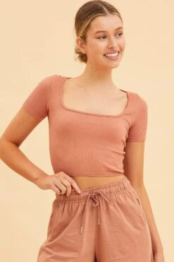 Orange Seamless T-Shirt Crop Short Sleeve Square Neck -Women Clothing Shop tshirt rust seamless t shirt crop short sleeve square neck 32965103321281
