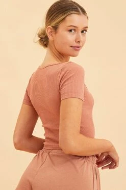 Orange Seamless T-Shirt Crop Short Sleeve Square Neck -Women Clothing Shop tshirt rust seamless t shirt crop short sleeve square neck 32965103386817