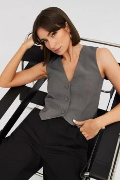 Grey Top Waistcost Sleeveless V Neck Button Up Relaxed -Women Clothing Shop wc0091 34wb charcoal 3