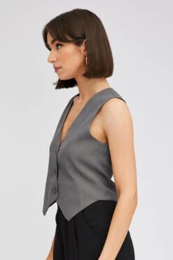 Grey Top Waistcost Sleeveless V Neck Button Up Relaxed -Women Clothing Shop wc0091 34wb charcoal 4