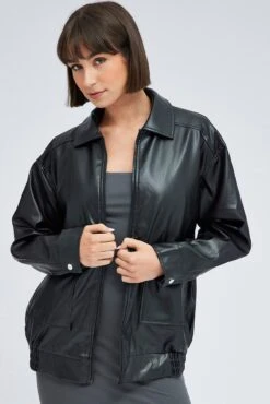 Black Faux Leather Jacket Long Sleeve