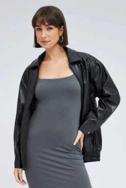 Black Faux Leather Jacket Long Sleeve 10 Black Faux Leather Jacket Long Sleeve -Women Clothing Shop wc1655 33wb black 3