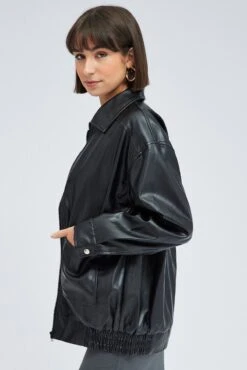 Black Faux Leather Jacket Long Sleeve 11 Black Faux Leather Jacket Long Sleeve -Women Clothing Shop wc1655 33wb black 4