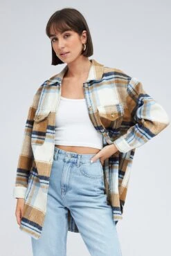 Brown Check Long Checked Print Jacket Long Sleeves -Women Clothing Shop wcc8248c 36w check 3