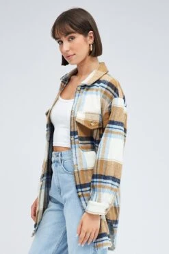 Brown Check Long Checked Print Jacket Long Sleeves -Women Clothing Shop wcc8248c 36w check 4