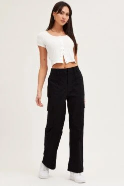 Black Cargo Pants High Rise Wide Leg -Women Clothing Shop wide leg pants black cargo pants high rise wide leg 32965016289473