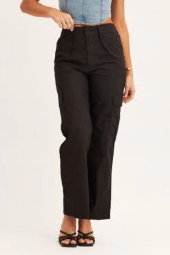 Black Cargo Pants Mid Rise -Women Clothing Shop wide leg pants black cargo pants mid rise 32980827963585