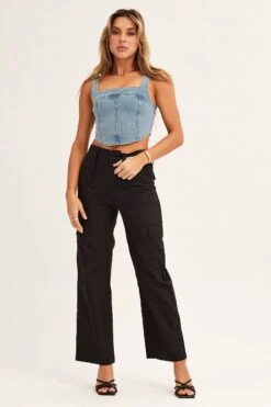 Black Cargo Pants Mid Rise -Women Clothing Shop wide leg pants black cargo pants mid rise 32980827996353