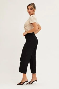 Black High Rise Linen Blend Wide Leg Pants -Women Clothing Shop wide leg pants black high rise linen blend wide leg pants 32980829274305