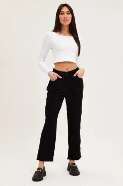 Black Wide Leg Pants Mid Rise Corduroy -Women Clothing Shop wide leg pants black wide leg pants mid rise corduroy 32964948984001