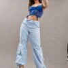 Blue Cargo Parachute Pants Relaxed -Women Clothing Shop wide leg pants blue cargo parachute pants relaxed 32980821475521