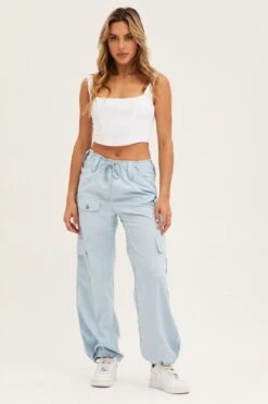 Blue Cargo Parachute Pants Strap Waist