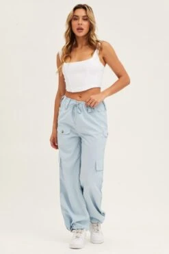 Blue Cargo Parachute Pants Strap Waist -Women Clothing Shop wide leg pants blue cargo parachute pants strap waist 32964965990593