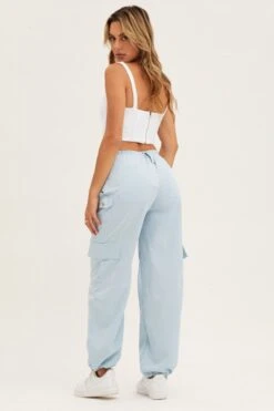 Blue Cargo Parachute Pants Strap Waist -Women Clothing Shop wide leg pants blue cargo parachute pants strap waist 32964966056129