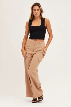 Beige Cargo Pant -Women Clothing Shop wide leg pants camel cargo pant 32965047222465