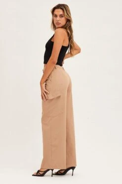 Beige Cargo Pant -Women Clothing Shop wide leg pants camel cargo pant 32965047255233